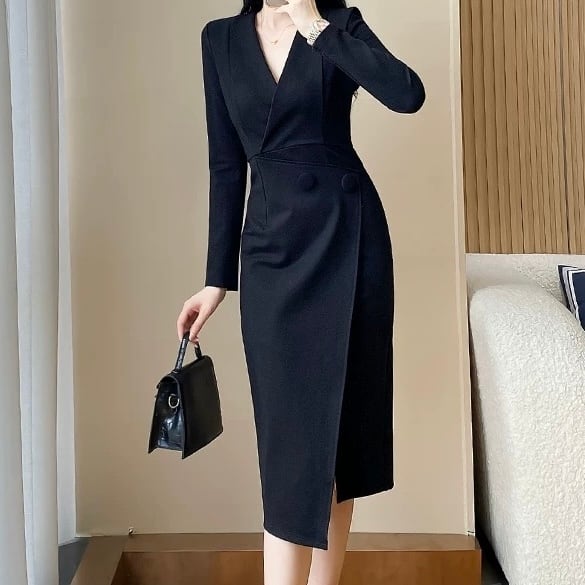 Vネックドレス ロングワンピス ◆2col YH9397