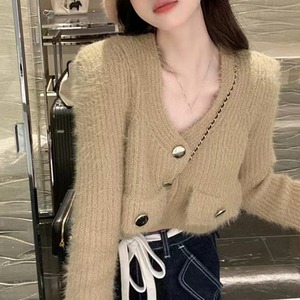 フェザーヤーンカーディガン 長袖 M レディース 送料無料 ニット 羽織 クロップド丈 Vネック ふわふわ アウター 秋冬 143953