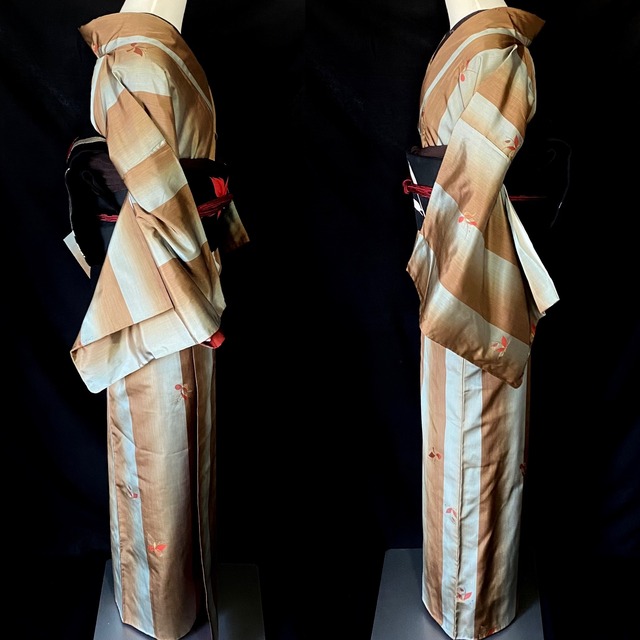 トールサイズ 縞に蝶の米沢紬〉SALE ブルーグレー 茶 暈し 織り出し 美  