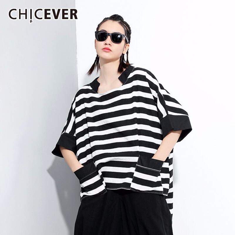 CHICEVERストライプパッチワークヒットカラーTシャツレディースOネックハーフスリーブアシンメトリートップス2020夏 半袖 サマー 夏物 6base526343242141