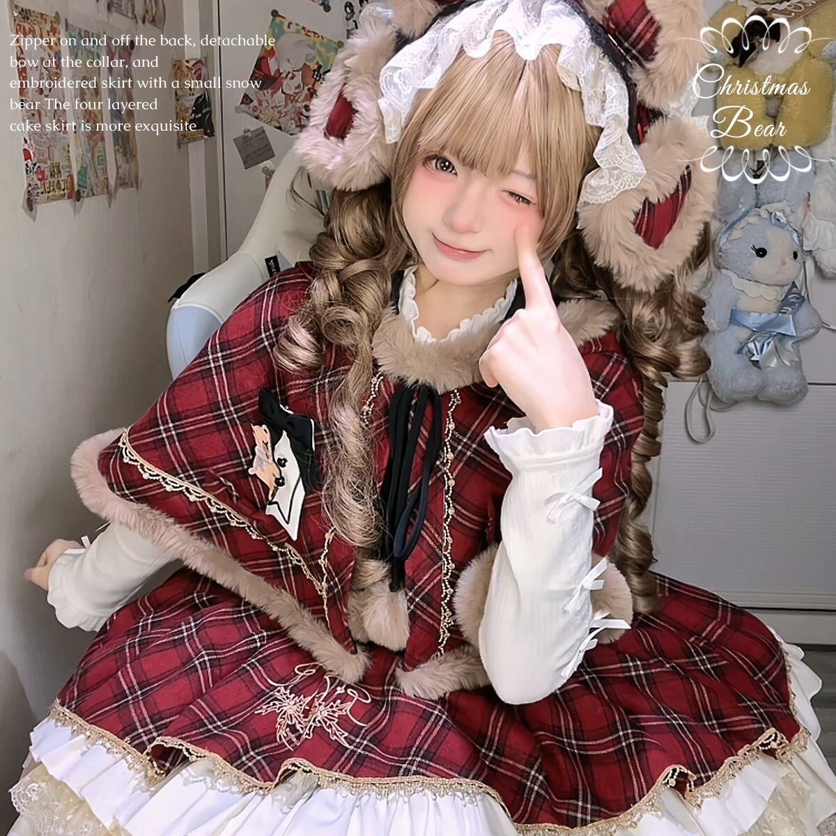 レッドチェック柄ケープ付きセットアップ：髪飾り | Maiden's Rêve