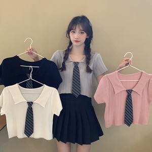 【韓国通販 dgo】ボトムス POLO襟シャツ ショートシルク セーター 夏 2020 スリム 半袖 愛らしいシャツ（A1650）