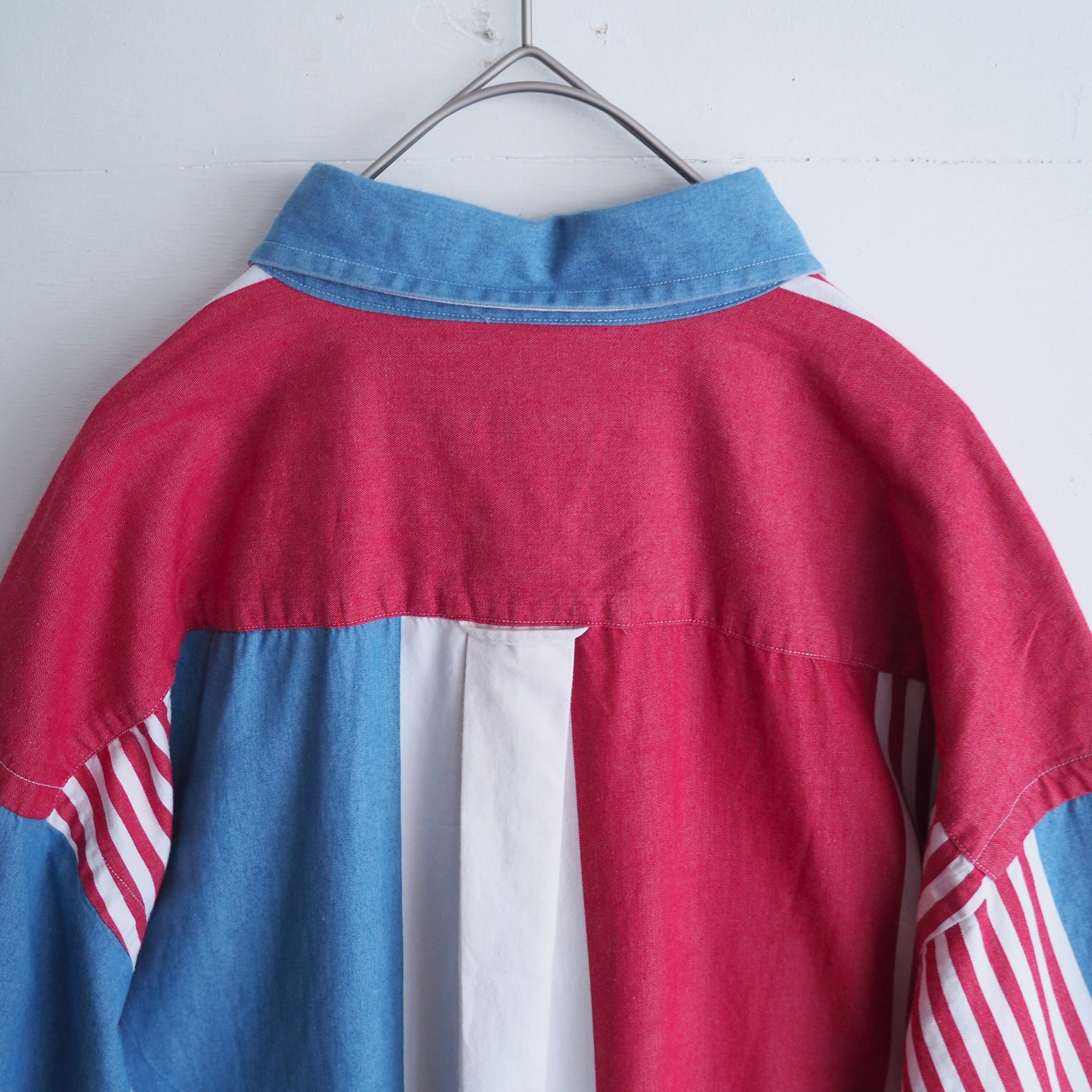 1990s ” Nautica ” tricolor color stripe pattern button down shirt (made in Usa)