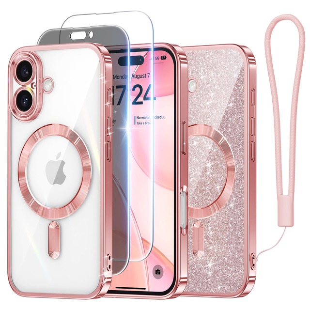 Meifigno ケース iPhone 16 6.1インチ用 [MagSafe対応][クリア 1 枚 + プライバシー スクリーン プロテクター 1 枚][グリッターカード&リストストラップ] サラウンドレンズ保護 iPhone 16 ケース用 ローズゴールド