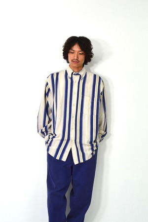 90s Nautica stripe pattern linen×cotton shirt