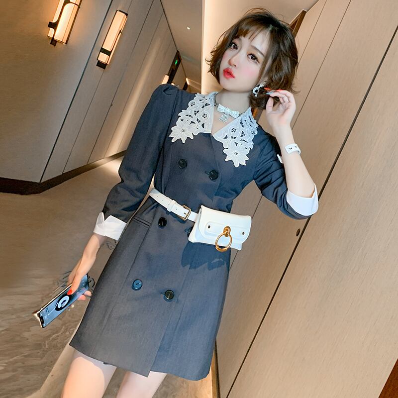 レースウェスト薄手ダブルブレストドレス オータム 秋物 MIUCO93291886284