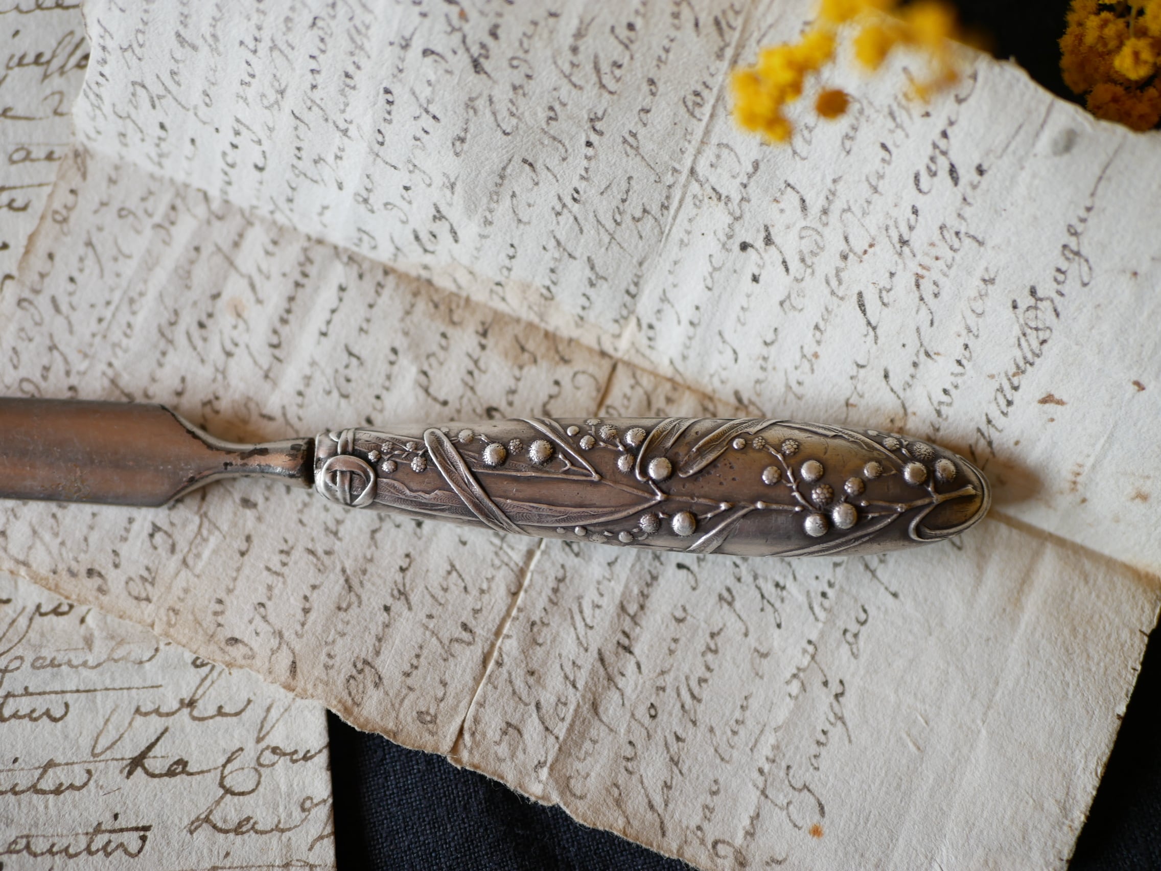 ペーパーナイフ ハサミ ケース付きフランス アンティーク 1900年頃 アンティーク シルバー製 手芸用ハサミ ケース付き : LES