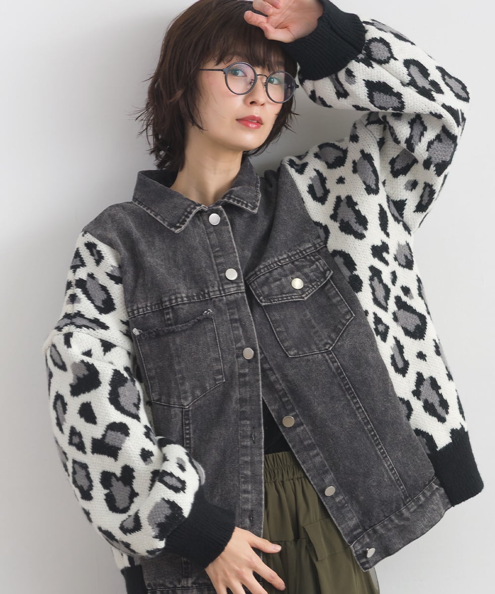 D261153 レオパードニット切替デニムジャケット / Leopard Knit Panel