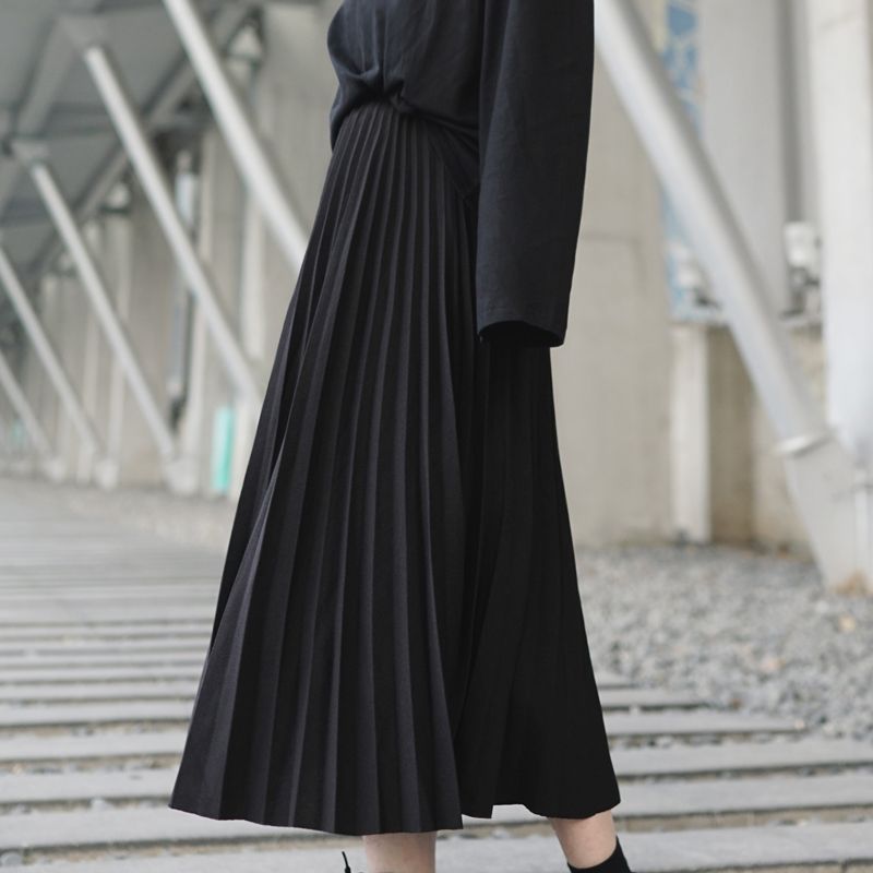 ロングプリーツスカート ミモレ丈 シンプル 無地 Aライン モード系