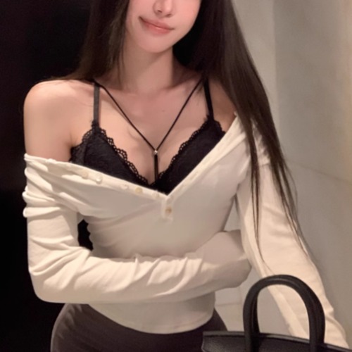 【3点セット】デザインストラップインナー＋ヘンリーネックリブトップス ・10562