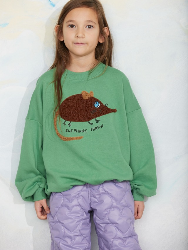 【26AW】minirodini( ミニロディーニ )Elephant shrew chenille sweatshirt green(80-86/92-98/104-110/116-122/128-134/140-146)スウェット ねずみ アップリケ グリーン