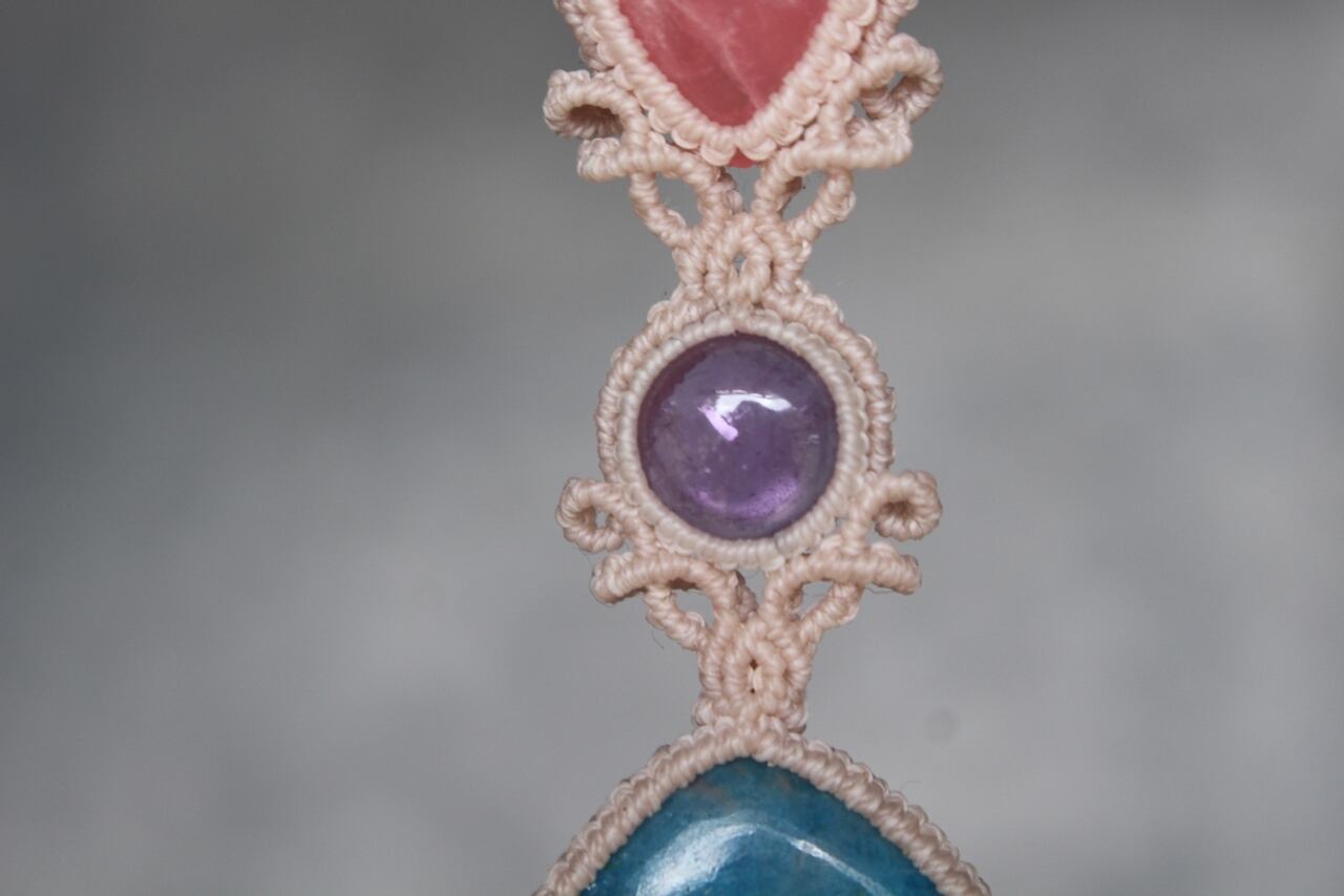 Apatite & Rhodochrosite & Amethyst micro macrame pendant