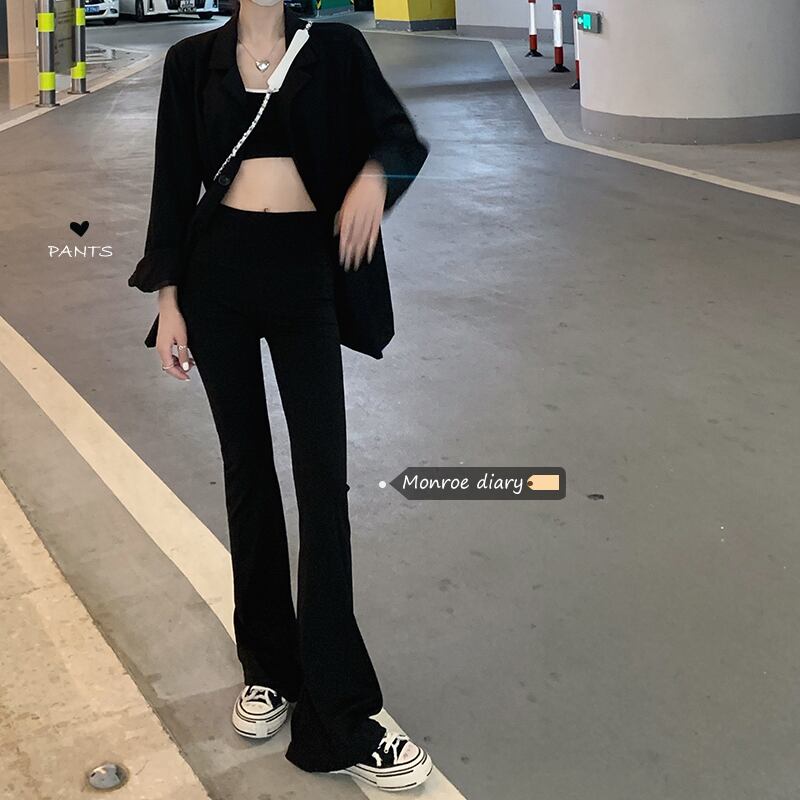 ブラックハイウェストカジュアルパンツ スプリングオータム薄手ルーズロングサマー レッド 春物 夏物 秋物 モンロー29881936755