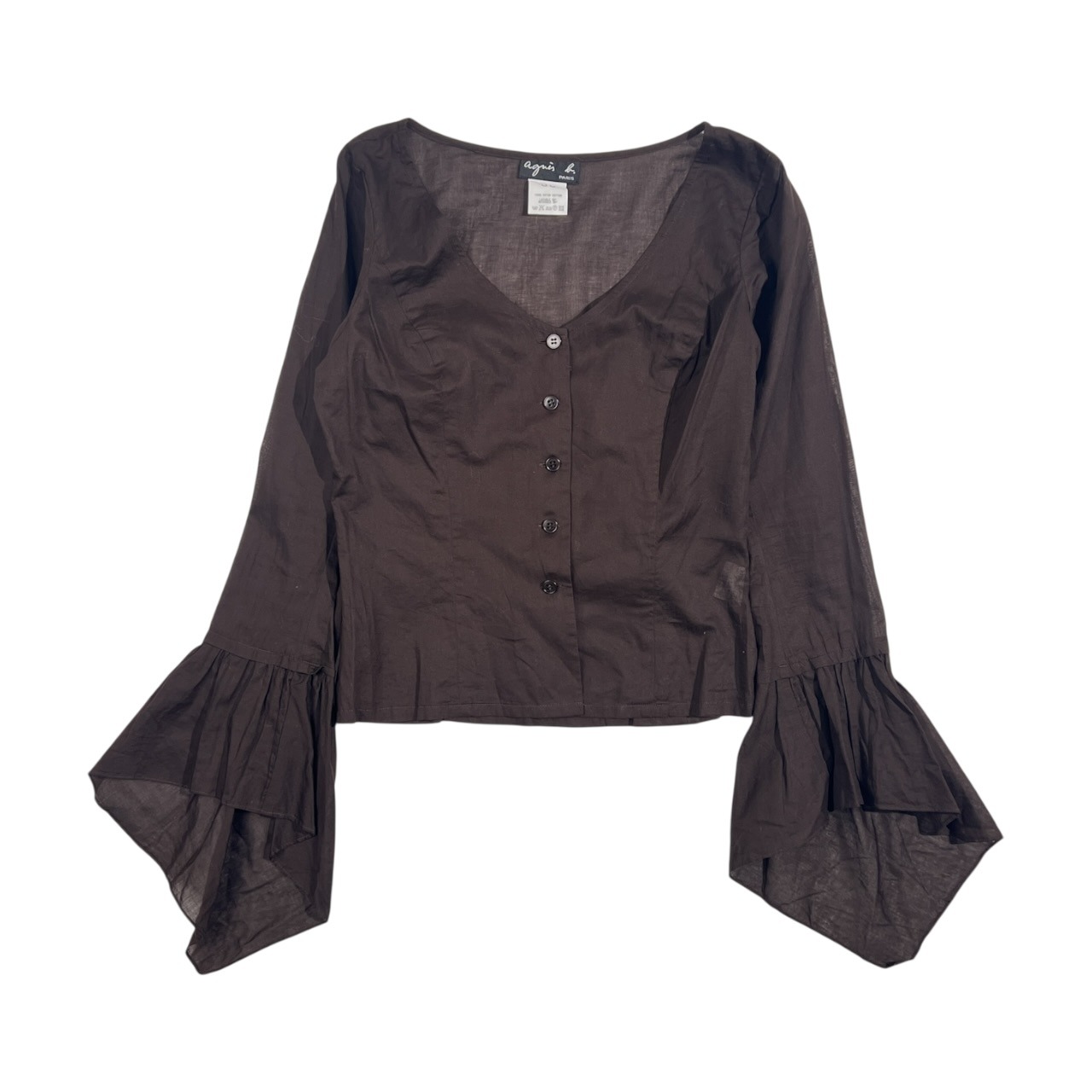 agnes b. アニエスベー フレアスリーブ シアー Vネック 長袖 ブラウス 36/ブラウン系 レディース