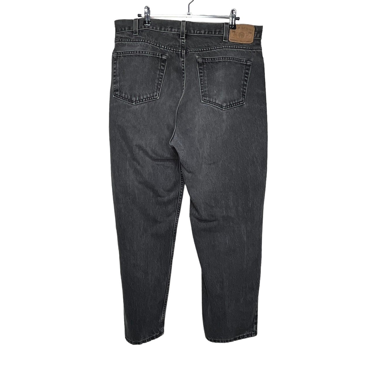 W38×L30】GAP ブラックデニムパンツ 革パッチ コットン100% | 古着屋