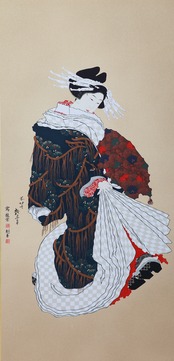 友禅浮世絵屏風 『北斎六美人競べ』（二曲一隻）