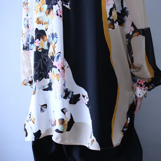 '"和" motif special flower art pattern fly-front see-through shirt