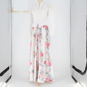 フラダンス 衣装 ワンピース ドレス プリンセスカイウラニ ホワイト系 Princess Kaiulani ハワイ製 レース ハイネック 長袖 シースルー プロテア柄 かわいい おしゃれ 豪華 上品 華やか 鮮やか 明るい ハワイアン アロハ レッスン 練習