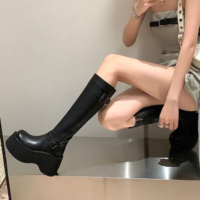 ボリュームソールバイカーロングブーツ10cm | 厚底シューズ