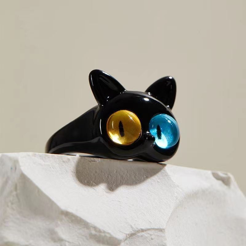 送料無料】AC-68 猫 ねこ リング 指輪 フリーサイズ 黒猫 白猫