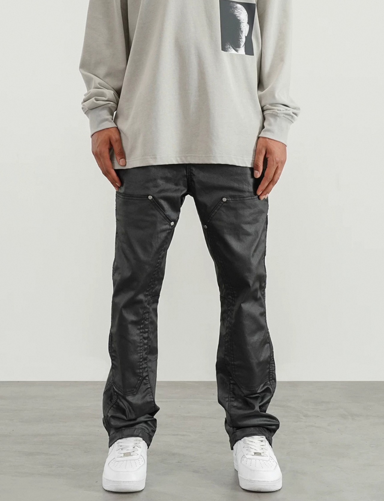coating black flare denim - 8
