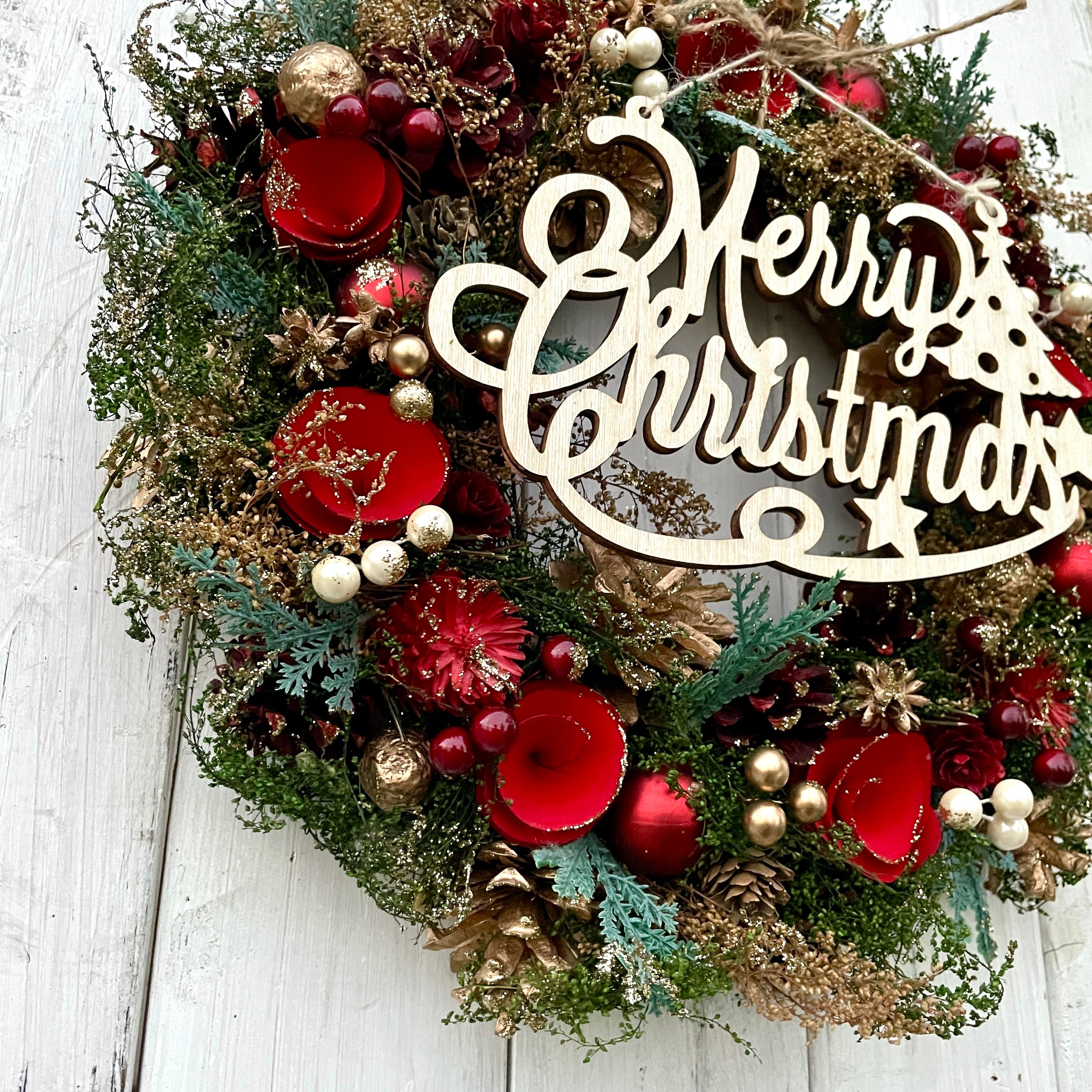 大きいナチュラルクリスマスリース ゴールドラメ クリスマスボール