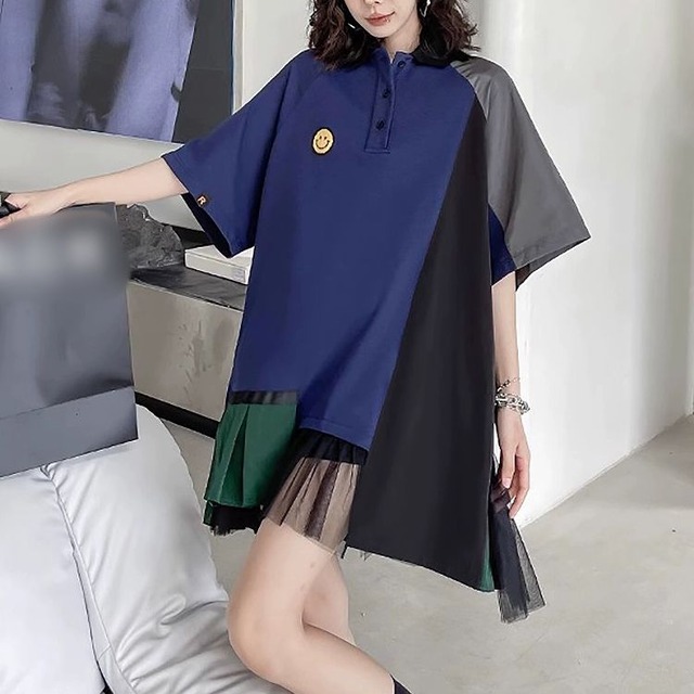 STITCH DESIGN HALF SLEEVES WIDE MINI POLO SHIRT DRESS 1color M-9293