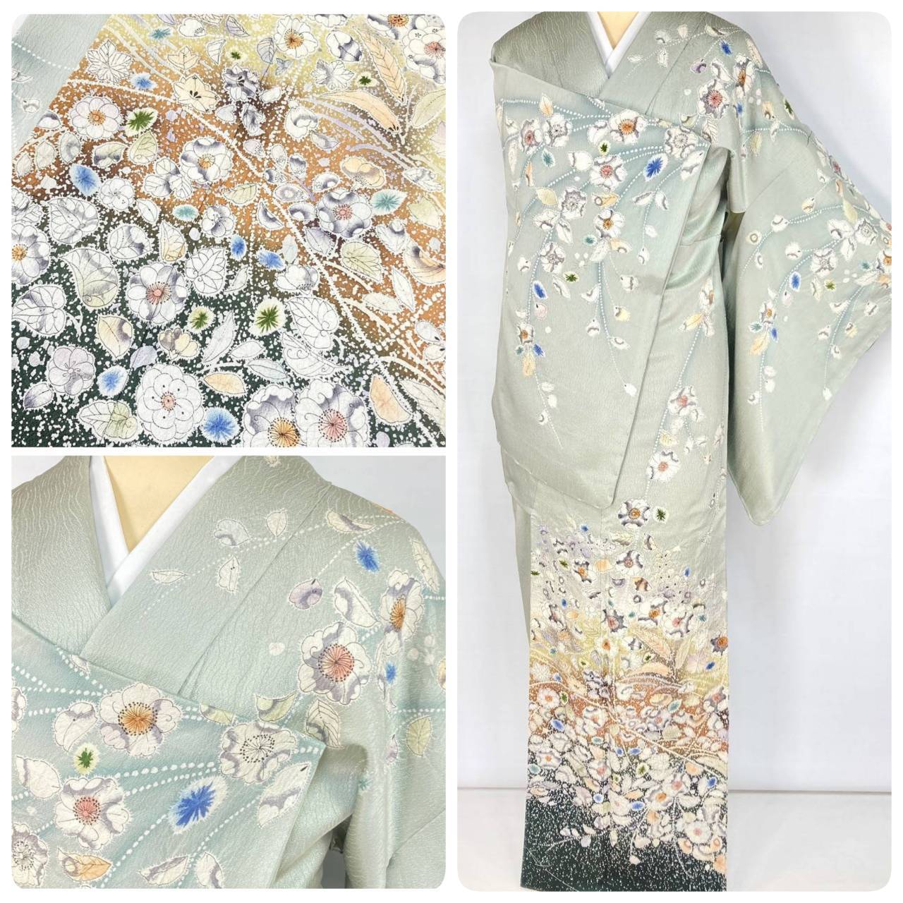 唐織り 金通し 椿 唐花 正絹 金糸 袋帯 黒 グレー 白 緑 709 | kimono