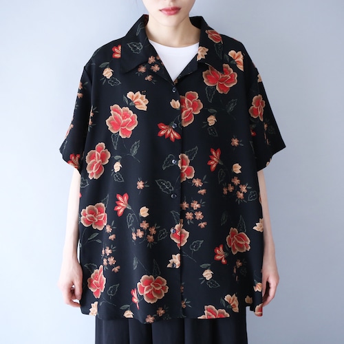 "花柄" black base red flower pattern box silhouette h/s shirt