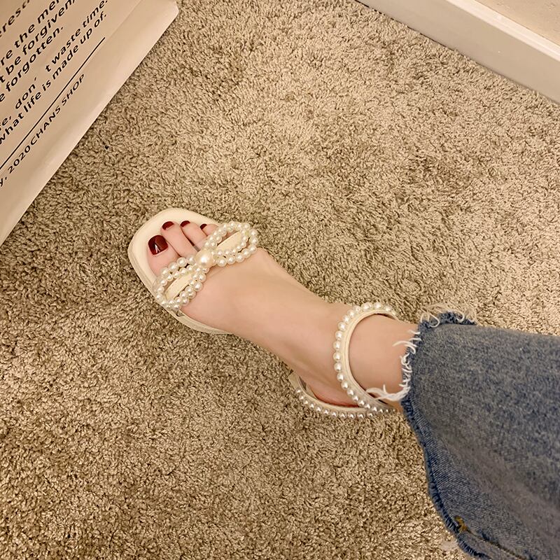 サンダルレディースサマースタイルパールバックルベルト ヒール ハイヒール 靴 シューズ 夏物 ハーネス 真珠 部族の婦人靴17086068251