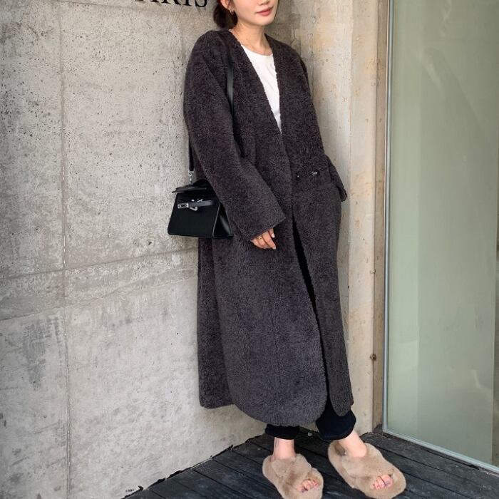 ノーカラー ボア ロングコート 3412883