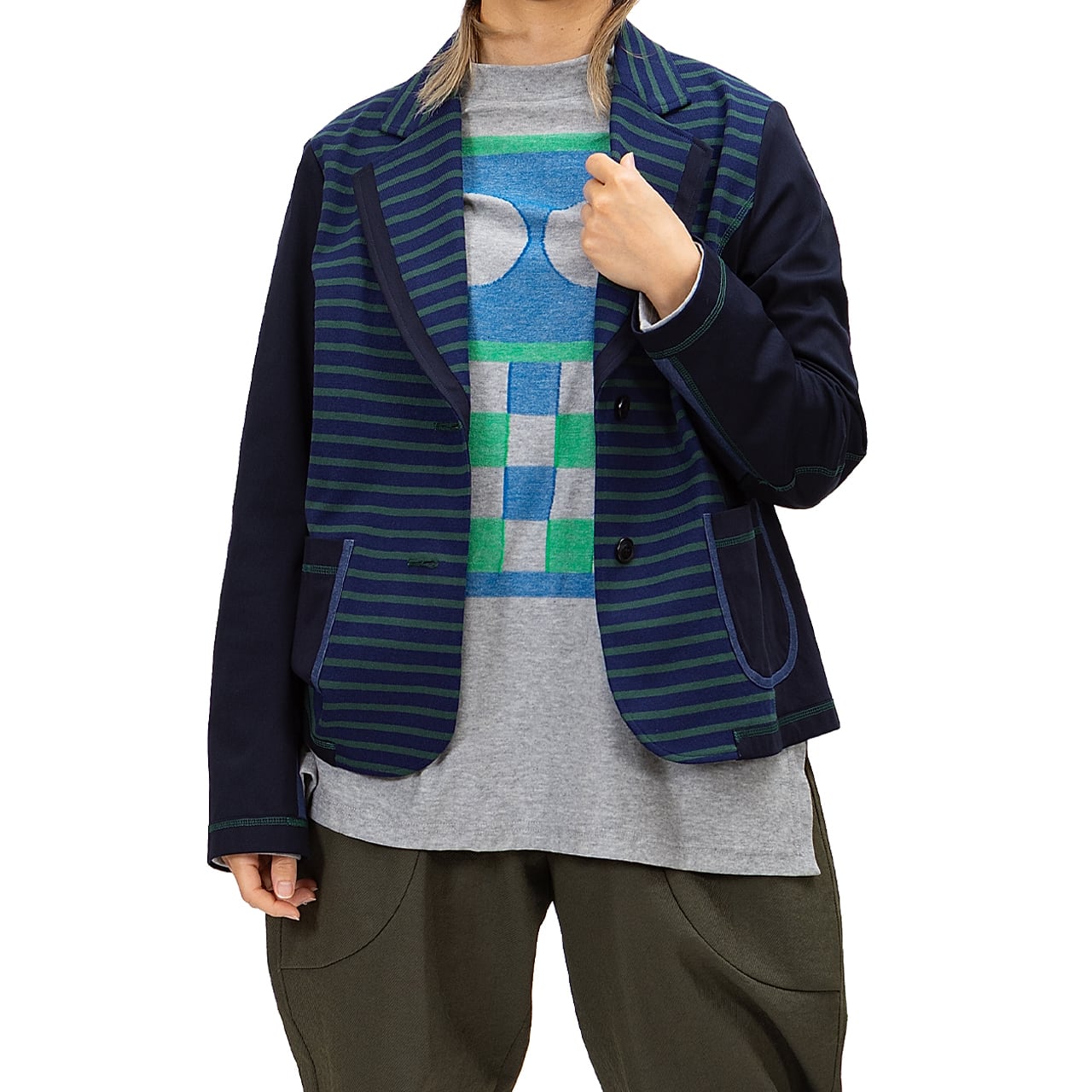 ボーダー天竺×コットントリコット テーラードジャケット【254-4261】