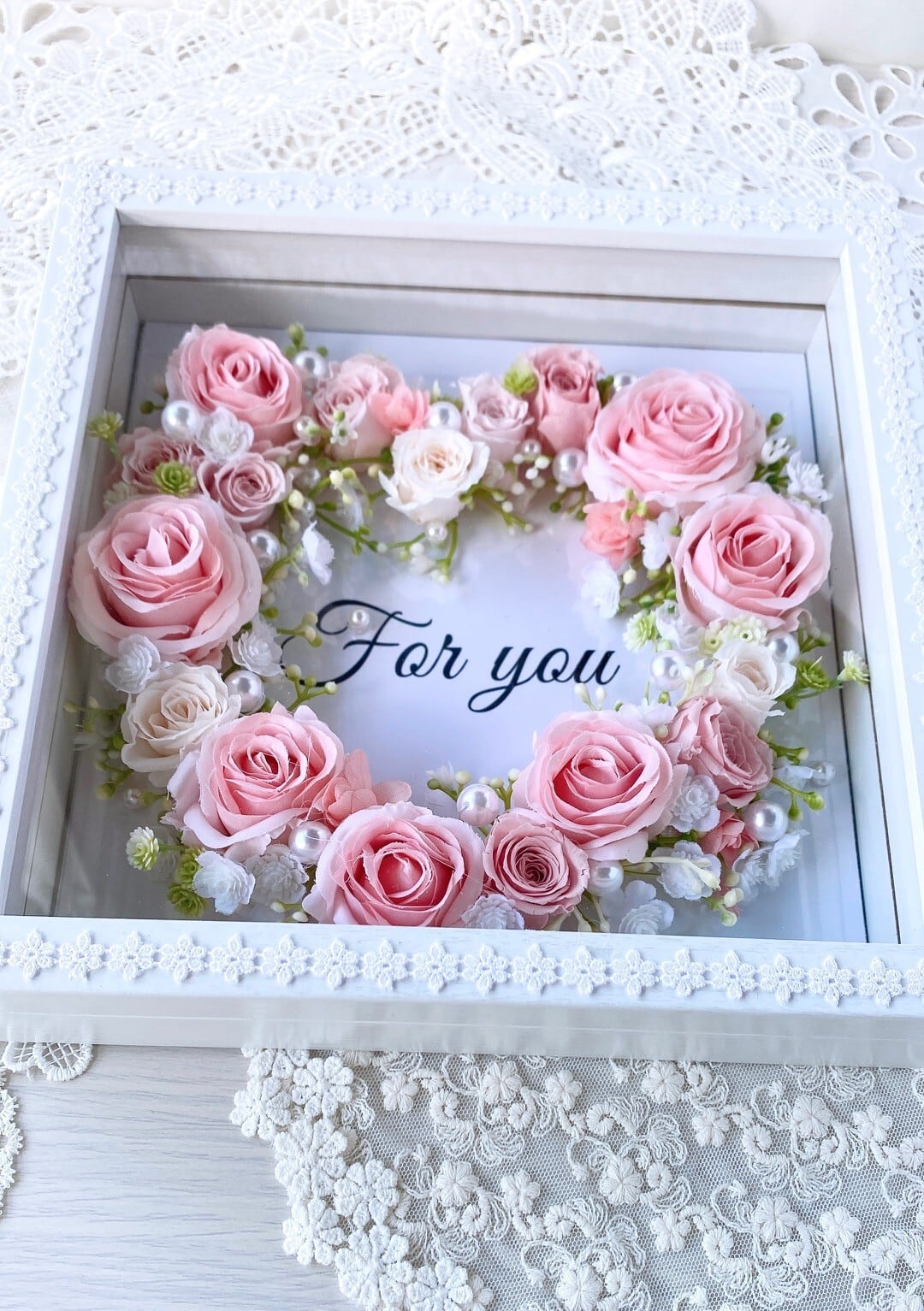 【HGF-01】 【ことばの花束フレーム】For you| やさしいピンクのハートリース| 木枠ガラスフレーム| メッセージ入り・大人のギフト| バレンタイン・記念日・誕生日に