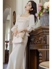 【0248】Frill Square Neck Lantern Long Sleeve Dress