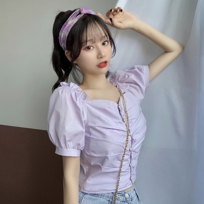 レーススタイルスリーブプリーツカラーシャツ サマーウェストトップス 夏物 スクウェア 萌量不足24181799495