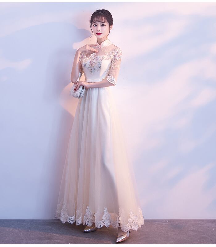 チャイナドレス ワンピース 1011 エレガント パーティードレス レディース ロング丈 七分袖 二次会 刺繍 結婚式 膝丈 高価値 レディース