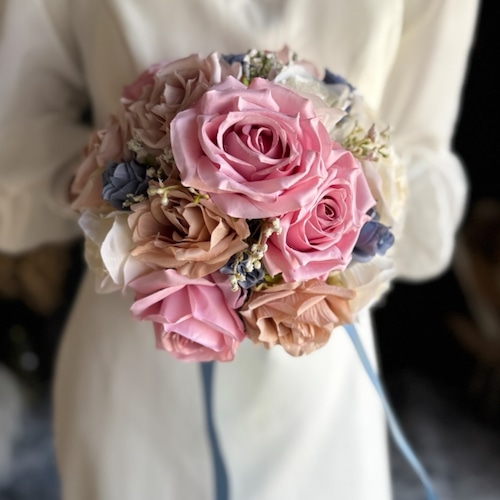 くすみピンク×くすみブルーラウンドブーケ☆ブートニア