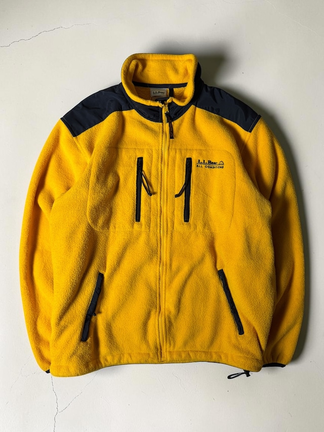 L.L. Bean All Conditions Yellow Fleece Full Zip Jacket Black Nylon Shoulder Panels L