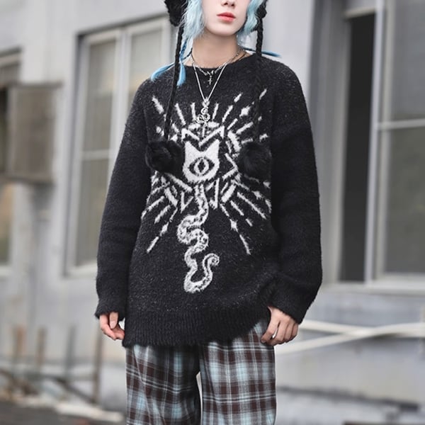 サイクロプスキャットスネークグラフィックブラックニット(ruf_02542)