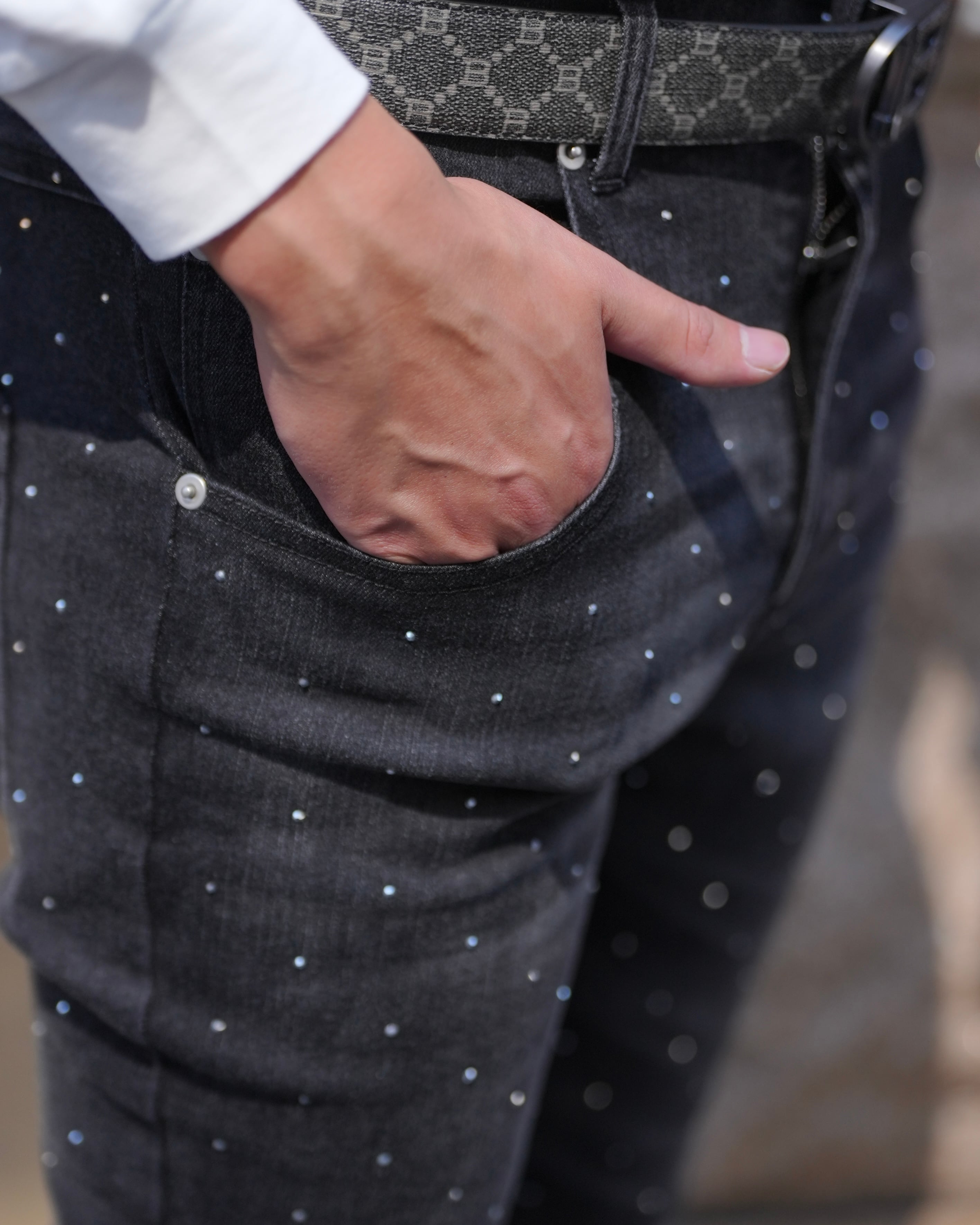 RHINE STONE DENIM PANTS BLACK【OW25BD007】 | BELINDA OFFICIAL