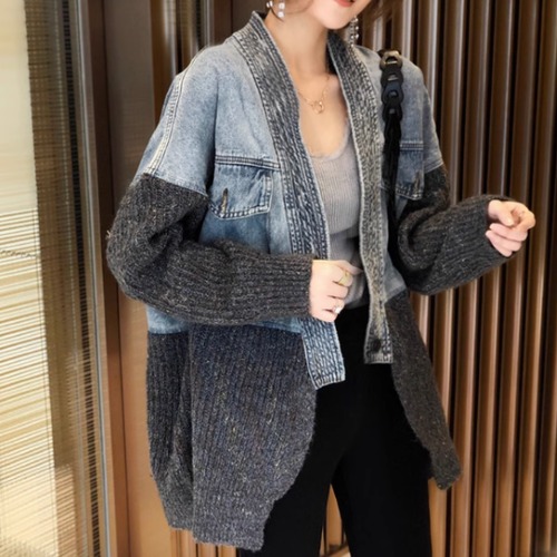 デニムジャケット レディース ジャケット 羽織 アウター 異素材ミックス デニム ニット 個性的 長袖 カーディガン ゆったり カジュアル お出かけ おしゃれ ファッション ライトアウター ノーカラー