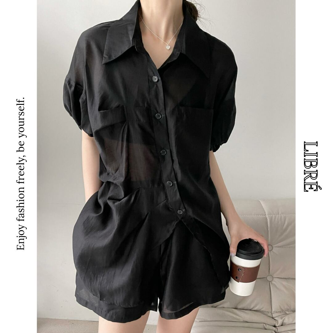 【set up】drawstring sleeve sheer curved button shirt & short pants L0574