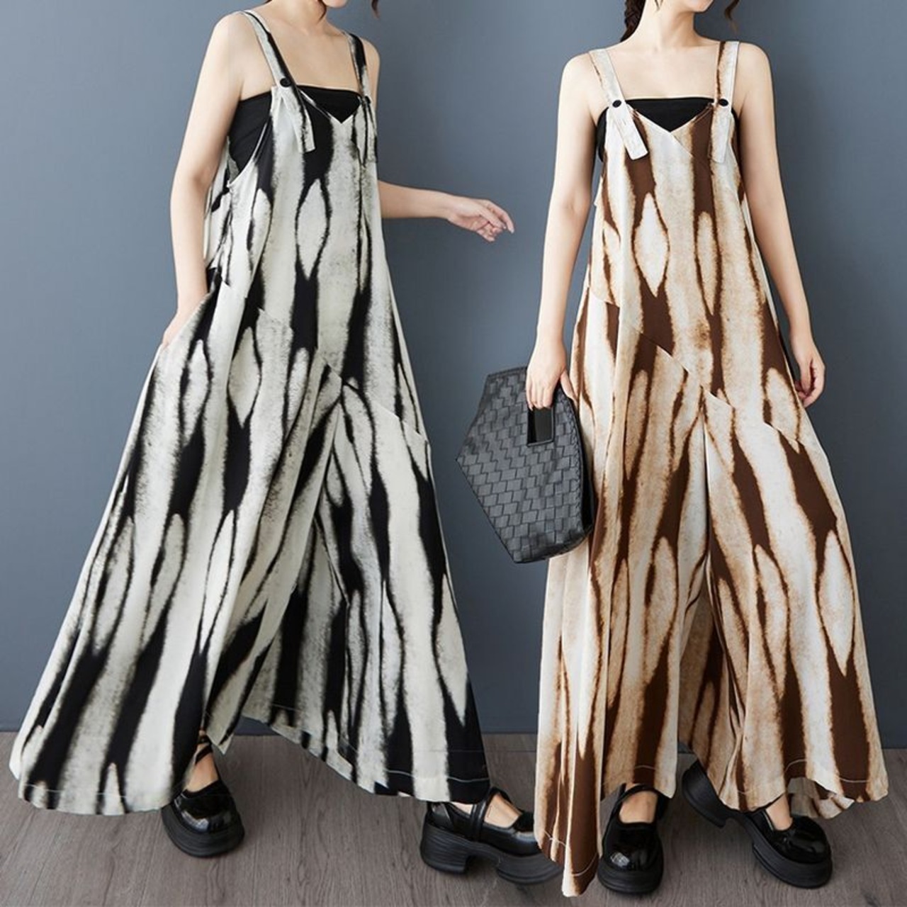 絞り染風 ワイドパンツ サロペット  30109