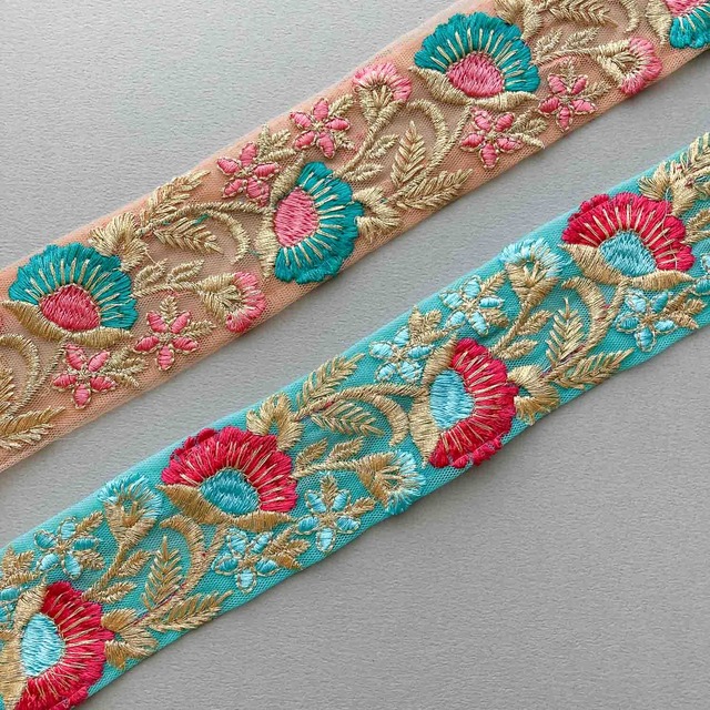 〈再入荷〉扇お花刺繍バイカラーチュールリボン（1mカット）