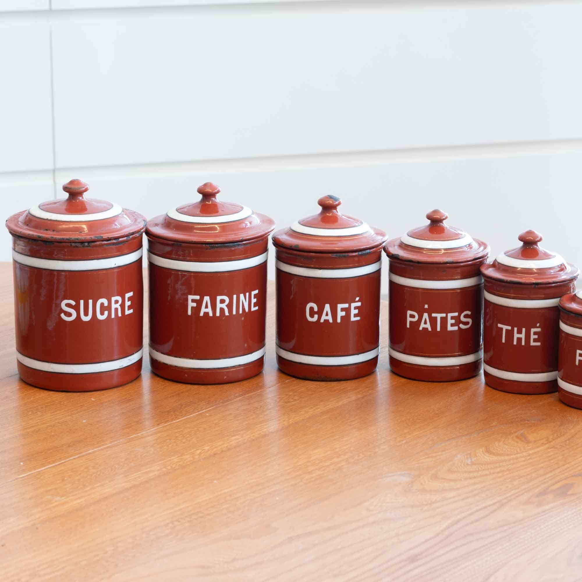 フランス　フレンチホーローらしいキャニスターフルセット　ブラウンにホワイトのラインが素敵です♪