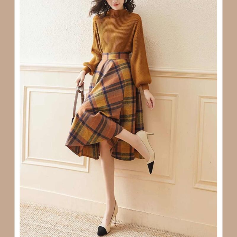 ハイネックボリュームスリーブとチェックスカートセット E00438
