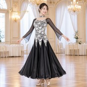 社交ダンス 衣装 Sanline サンリーヌ ドレス ワンピース スタンダード ブラック系 ホワイト系 黒 白 柄 模様 レース 高級感 モノクロ 華やか 日本製 上品 舞台 レッスン 発表会