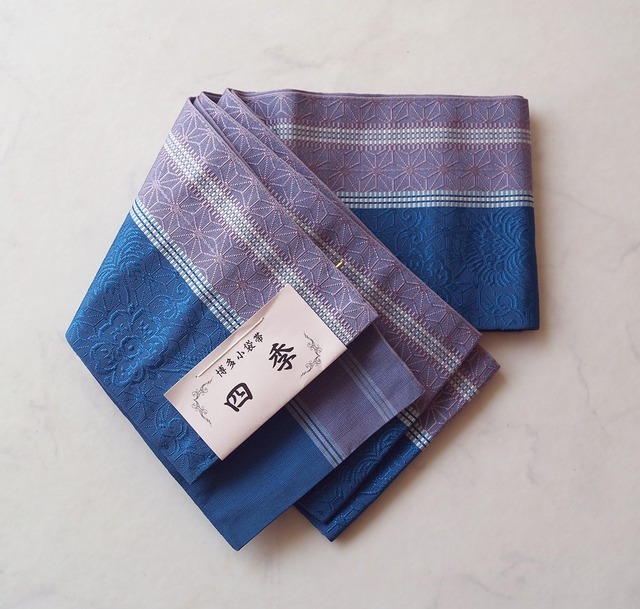 【半幅帯】本場筑前博多織　麻の葉と花文　小袋帯（半幅帯）