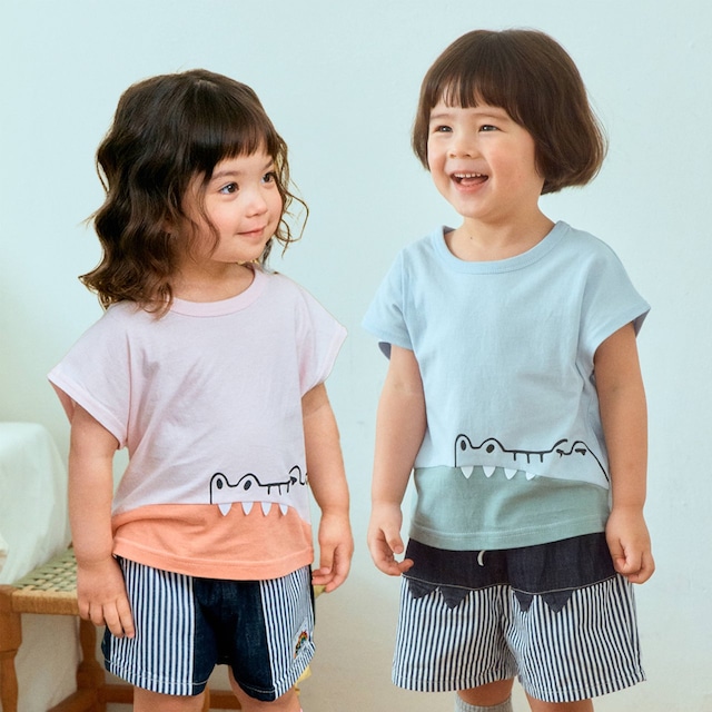 【取寄】1st blue|alligator colorblock drop tee|ワニ配色ドロップT|5-15|kids&jr|26 summer