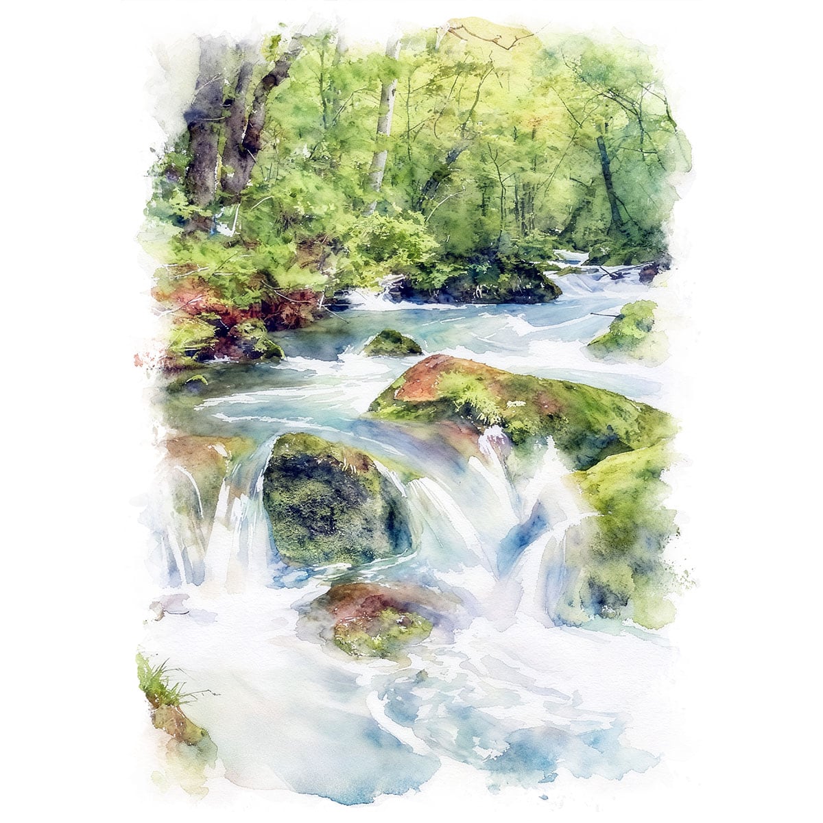 絵画 日本 青森県 奥入瀬渓流の風景 インテリアアート額付き 水彩画・油絵風 WAT0032